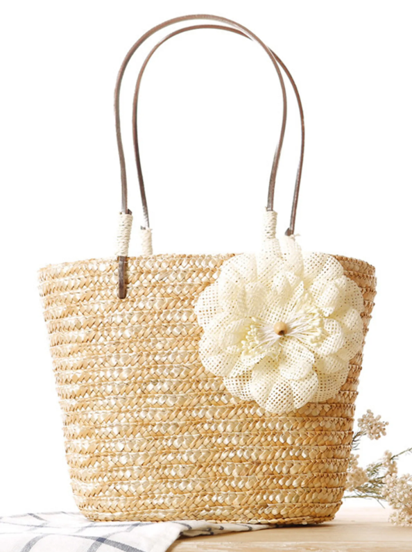 Borsa a Secchiello in Paglia di Frumento Intrecciata a Mano con Decorazioni Floreali