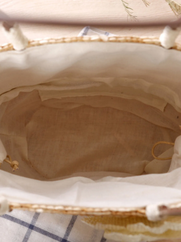 Borsa a Secchiello in Paglia di Frumento Intrecciata a Mano con Decorazioni Floreali